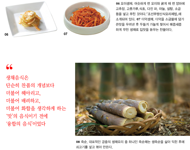 06 오이생채. 어슷하게 썬 오이와 굵게 채 썬 양파에 고추장, 고춧가루, 식초, 다진 파, 마늘, 설탕, 소금 등을 넣고 무친 것이다. 「조선무쌍신식요리제법」에 소개되어 있다. 07 더덕생채. 더덕을 소금물에 담가 쓴맛을 우려낸 후 두들겨 가늘게 찢어서 매콤새콤 하게 무친 생채로 입맛을 돋우는 찬물이다.
생채음식은 단순히 찬품의 개념보다 더불어 헤아리고, 더불어 배려하고, 더불어 화합을 생각하게 하는 '맛'의 음식이기 전에 '융합의 음식'이었다 
08 죽순. 대표적인 궁중의 생채요리 중 하나인 죽순채는 생죽순을 삶아 익힌 후에 쇠고기를 넣고 볶아 만든다.