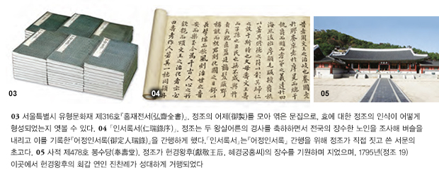 03. 서울특별시 유형문화재 제316호『홍재전서(弘齋全書)』. 정조의 어제(御製)를 모아 엮은 문집으로, 효에 대한 정조의 인식이 어떻게 형성되었는지 엿볼 수 있다.
04. 「인서록서(仁瑞錄序)」. 정조는 두 왕실어른의 경사를 축하하면서 전국의 장수한 노인을 조사해 벼슬을 내리고 이를 기록한『어정인서록(御定人瑞錄)』을 간행하게 했다.「인서록서」는『어정인서록』간행을 위해 정조가 직접 짓고 쓴 서문의 초고다. 
05.사적 제478호 봉수당(奉壽堂). 정조가 헌경왕후(獻敬王后, 혜경궁홍씨)의 장수를 기원하며 지었으며, 1795년(정조 19) 이곳에서 헌경왕후의 회갑연인 진찬례가 성대하게 거행되었다.