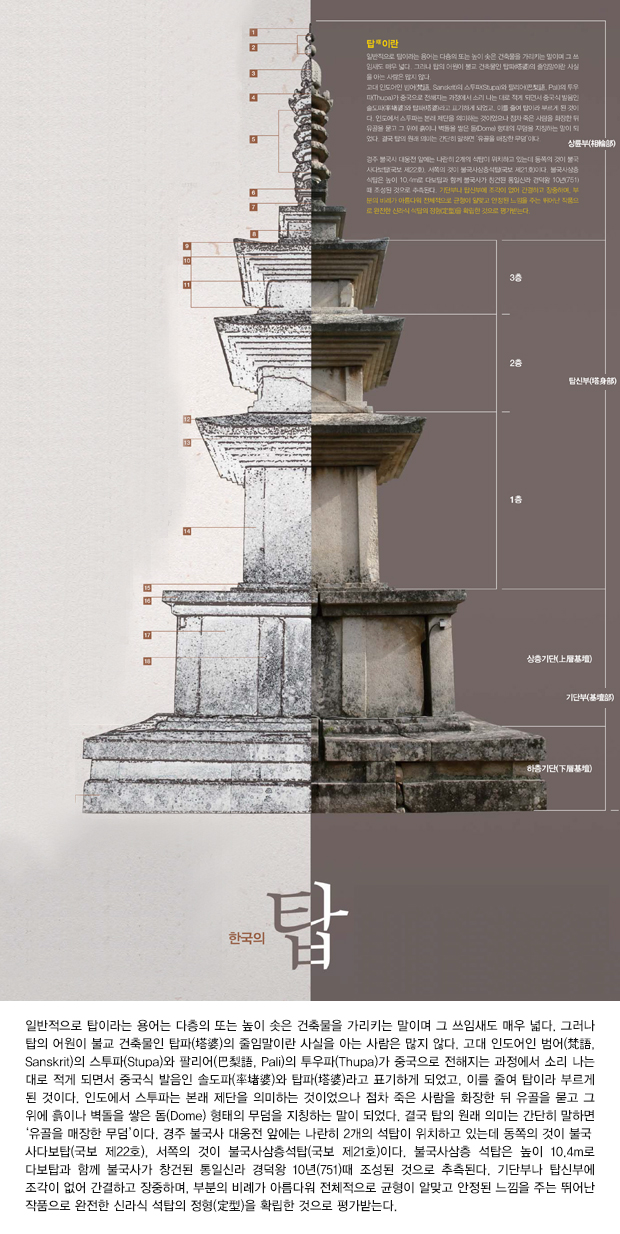 한국의 탑 - 법주사팔상전 오층 모전석탑 분황사 모전석탑 사자빈신사지 사사자 구층석탑 법흥사지 칠층석탑 상륜부(相輪部) 탑신부(塔身部) 상층기단(上層基壇) 하층기단(下層基壇) 기단부(基壇部)
일반적으로 탑이라는 용어는 다층의 또는 높이 솟은 건축물을 가리키는 말이며 그 쓰임새도 매우 넓다. 그러나 탑의 어원이 불교 건축물인 탑파(塔婆)의 줄임말이란 사실을 아는 사람은 많지 않다. 고대 인도어인 범어(梵語, Sanskrit)의 스투파(Stupa)와 팔리어(巴梨語, Pali)의 투우파(Thupa)가 중국으로 전해지는 과정에서 소리 나는 대로 적게 되면서 중국식 발음인 솔도파(率堵婆)와 탑파(塔婆)라고 표기하게 되었고, 이를 줄여 탑이라 부르게 된 것이다. 인도에서 스투파는 본래 제단을 의미하는 것이었으나 점차 죽은 사람을 화장한 뒤 유골을 묻고 그 위에 흙이나 벽돌을 쌓은 돔(Dome) 형태의 무덤을 지칭하는 말이 되었다. 결국 탑의 원래 의미는 간단히 말하면 ‘유골을 매장한 무덤’이다. 경주 불국사 대웅전 앞에는 나란히 2개의 석탑이 위치하고 있는데 동쪽의 것이 불국사다보탑(국보 제22호), 서쪽의 것이 불국사삼층석탑(국보 제21호)이다. 불국사삼층 석탑은 높이 10.4m로 다보탑과 함께 불국사가 창건된 통일신라 경덕왕 10년(751)때 조성된 것으로 추측된다. 기단부나 탑신부에 조각이 없어 간결하고 장중하며, 부분의 비례가 아름다워 전체적으로 균형이 알맞고 안정된 느낌을 주는 뛰어난 작품으로 완전한 신라식 석탑의 정형(定型)을 확립한 것으로 평가받는다.