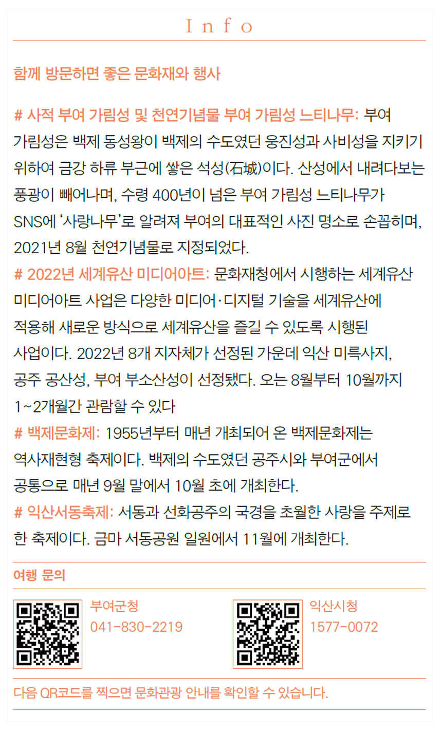 Info 함께 방문하면 좋은 남원 문화재와 행사 # 사적 부여 가림성 및 천연기념물 부여 가림성 느티나무: 부여 가림성은 백제 동성왕이 백제의 수도였던 웅진성과 사비성을 지키기 위하여 금강 하류 부근에 쌓은 석성(石城)이다. 산성에서 내려다보는 풍광이 빼어나며, 수령 400년이 넘은 부여 가림성 느티나무가 SNS에 ‘사랑나무’로 알려져 부여의 대표적인 사진 명소로 손꼽히며, 2021년 8월 천연기념물로 지정되었다. # 2022년 세계유산 미디어아트: 문화재청에서 시행하는 세계유산 미디어아트 사업은 다양한 미디어·디지털 기술을 세계유산에 적용해 새로운 방식으로 세계유산을 즐길 수 있도록 시행된 사업이다. 2022년 8개 지자체가 선정된 가운데 익산 미륵사지, 공주 공산성, 부여 부소산성이 선정됐다. 오는 8월부터 10월까지 1~2개월간 관람할 수 있다 # 백제문화제: 1955년부터 매년 개최되어 온 백제문화제는 역사재현형 축제이다. 백제의 수도였던 공주시와 부여군에서 공통으로 매년 9월 말에서 10월 초에 개최한다. # 익산서동축제: 서동과 선화공주의 국경을 초월한 사랑을 주제로 한 축제이다. 금마 서동공원 일원에서 11월에 개최한다. 여행 문의 부여군청 041-830-2219 익산시청 1577-0072