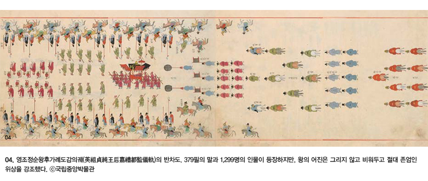 04.영조정순왕후가례도감의궤(英祖貞純 王后嘉禮都監儀軌)의 반차도. 379필의 말과 1,299명의 인물이 등장하지만, 왕의 어진은 그리지 않고 비워두고 절대 존엄인 위상을 강조 했다. ©국립중앙박물관