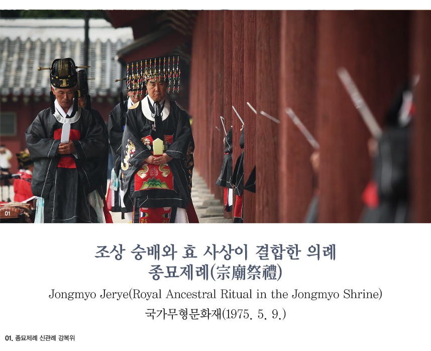조상 숭배와 효 사상이 결합한 의례 종묘제례(宗廟祭禮) Jongmyo Jerye(Royal Ancestral Ritual in the Jongmyo Shrine) 국가무형문화재(1975. 5. 9.) 01.종묘제례 신관례 강복위