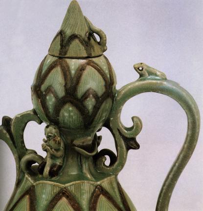 The Part of Celadon Wine Pot in shape of a Gourd with Lotus Design in Inlaid Copper