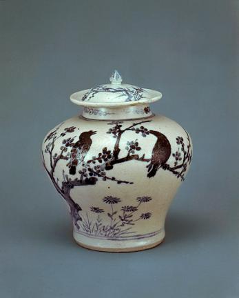 Blue and White Porcelain Jar with Plum, Bird and Bamboo Designs