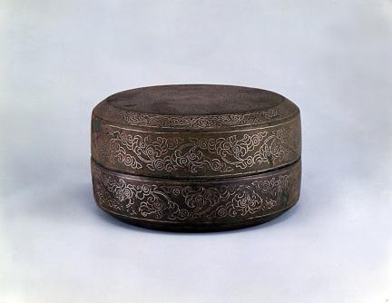 Bronze Bowl with Flowers, Arabesque and Oriental Phoenix Designs of Inlaid Silver