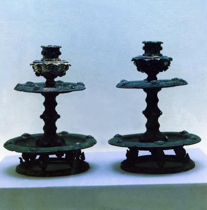 Two Gilt-Bronze Candle Sticks Inlaid with Crystal